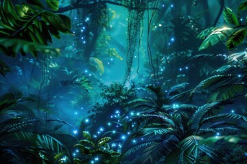 Aufkleber - A lush tropical jungle thrives under sunlight beams, vibrant foliage and colorful flowers create a serene and magical atmosphere in the heart of nature during the day