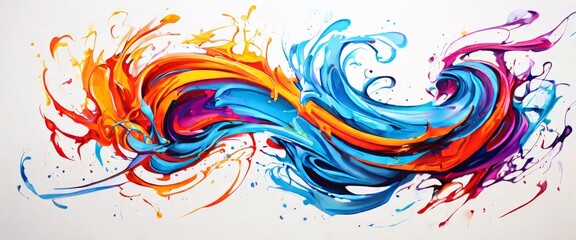 Wall Mural - A dynamic, abstract depiction of a vibrant splash of paint, featuring bold swirls of blue, orange, and purple. The energetic movement and bright colors make this a striking image for various creative