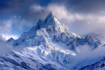 Poster - Majestic snow-covered mountains under a clear blue sky with gentle snowfall creating a serene winter landscape in a remote wilderness area