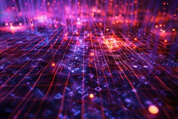 Fototapete - A vibrant digital corridor illuminated with colorful light trails creating a futuristic atmosphere in a modern urban setting during nighttime