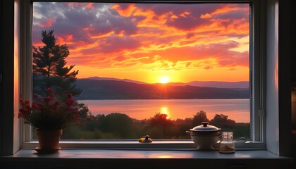 Wall Mural - Stunning sunset view framed by a kitchen window, blending warm colors with a cozy atmosphere