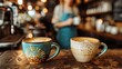 © theerachai - Two Cups of Latte Art Coffee on a Counter in a Coffee Shop