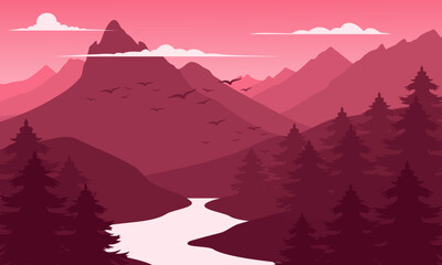 Vector red mountain landscape with clean sky, calm river, birds flying and pine trees silhouettes