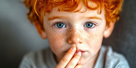 Wall Mural - a young boy with curly red hair and bright blue eyes poses thoughtfully. his face shows curiosity an
