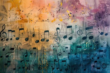 Poster - Colorful musical notes create a vibrant atmosphere in a dynamic display of sound waves and lights during an evening music event