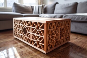 Aufkleber - Unique wooden coffee table with glass top and decorative stones in a modern living room setting, featuring natural elements and contemporary design
