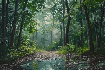 Aufkleber - A serene forest pathway under soft morning light with lush greenery and a small puddle reflecting the surrounding trees in a tranquil setting