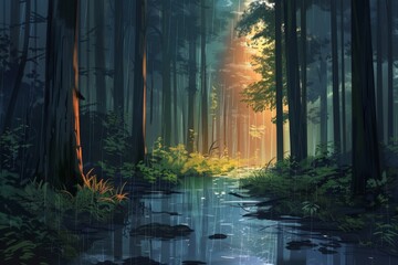 Aufkleber - A serene forest pathway under soft morning light with lush greenery and a small puddle reflecting the surrounding trees in a tranquil setting