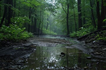 Aufkleber - A serene forest pathway under soft morning light with lush greenery and a small puddle reflecting the surrounding trees in a tranquil setting