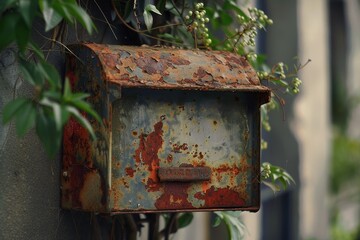 A weathered mailbox covered in rust and greenery on an old wall, capturing the charm of forgotten spaces in a quiet neighborhood