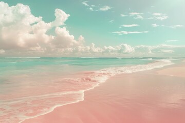 Poster - Gentle waves lapping against a pastel pink and turquoise shoreline on a tranquil beach during a sunny day in a tropical paradise