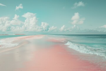 Poster - Gentle waves lapping against a pastel pink and turquoise shoreline on a tranquil beach during a sunny day in a tropical paradise