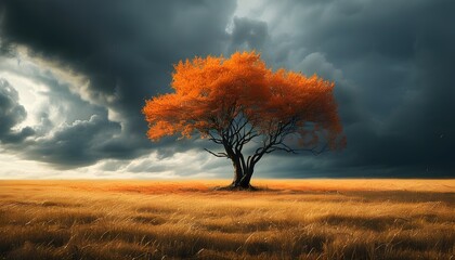 Wall Mural - Dramatic Contrast of Vibrant Orange Foliage against Golden Field and Stormy Sky