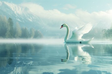 Poster - A serene white swan gliding gracefully across a calm lake surrounded by misty mountains in early morning light