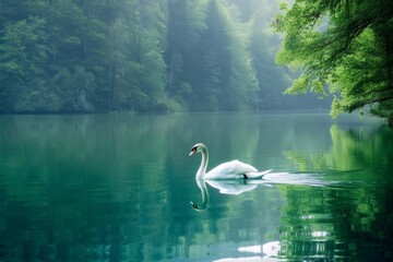 Poster - A serene white swan gliding gracefully across a calm lake surrounded by misty mountains in early morning light