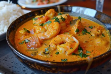 A vibrant bowl of shrimp and fish curry simmering with spices and herbs, garnished with fresh greens, showcasing a rich culinary tradition