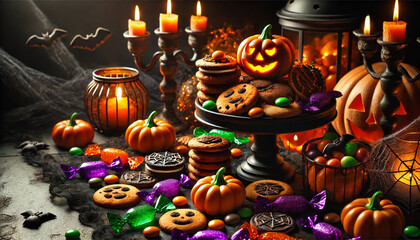 Wall Mural - A spooky Halloween table filled with detailed treats, magical Halloween setting
