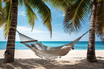 Hammock with palm trees on a sandy beach. View of a nice tropical beach. 