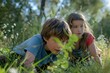 © SaroStock - Children exploring nature in a forest while observing plants and capturing the moment with a camera on a sunny day