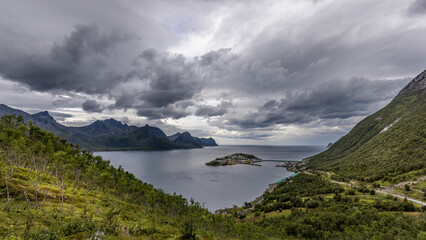 cloudy landscape at the bottom of a Lofoten fjord