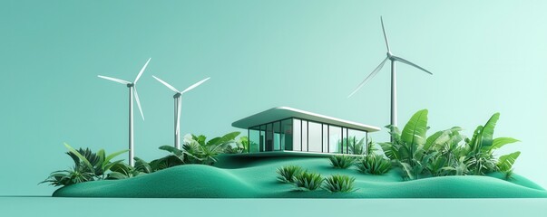 Poster - Sustainable Living Modern Eco-Friendly House with Wind Turbines.