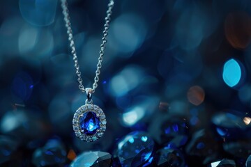 A close-up view of a sparkling blue gemstone necklace resting on dark stone surfaces with a soft blue light illuminating its beauty