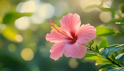 beautiful pink hibiscus flower and plant in focus with a blurred natural background