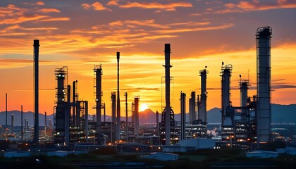 Industrial skyline at sunset highlighting refinery silhouette and modern energy production in a breathtaking landscape