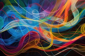 Aufkleber - Colorful ribbons intertwining in vibrant patterns create an abstract display of light and texture against a dark background, showcasing artistic design and lively energy