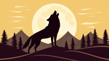 Wall Mural - Wolf Howling at the Moon in Silhouette Landscape