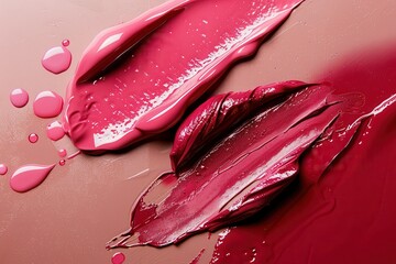 Poster - Close-up of two pairs of lips adorned with glossy red lipstick, showcasing a dramatic makeup look with a soft pink background
