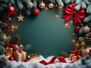 Christmas background with xmas tree branches, cones, red paper flowers, ribbons, balls and gift boxes on dark green canvas background. Merry Christmas card. Happy New Year. Copy space