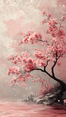 A cherry blossom tree depicted in oil painting style, with rich textures and soft hues, capturing the serene beauty of spring.