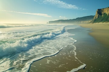 Poster - Serene ocean waves gently lap against the sandy shore under a bright blue sky during a sunny day at the beach