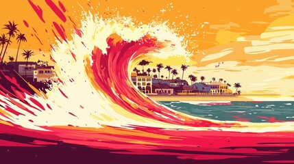 Wall Mural - Sunset Wave Crashing Over Coastal Town