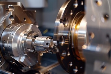 Poster - Close-up view of precision machined components in a modern manufacturing facility highlighting advanced engineering techniques and intricate designs during daytime operations