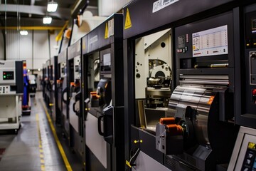 Poster - Close-up view of precision machined components in a modern manufacturing facility highlighting advanced engineering techniques and intricate designs during daytime operations