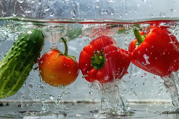 Fresh vegetables in splashed water, tomatoes, cucumbers and peppers.