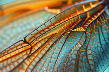Poster - A close-up view of a dragonfly resting on a leaf in a lush green environment during a bright sunny day, showcasing its intricate wing patterns and vibrant colors