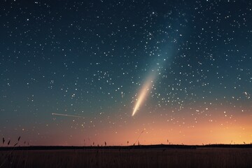 Poster - A breathtaking view of a comet streaking across the night sky over a tranquil field during twilight, with stars dotting the vast expanse above