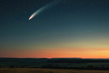 Poster - A breathtaking view of a comet streaking across the night sky over a tranquil field during twilight, with stars dotting the vast expanse above