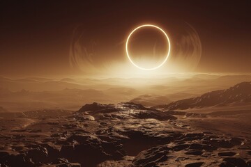 Poster - A stunning celestial event occurs as a total solar eclipse casts a dramatic shadow over the rugged surface of an alien landscape at twilight