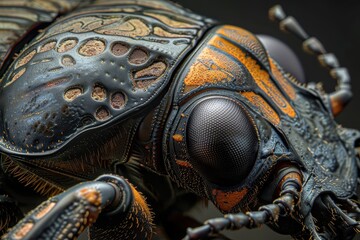 Aufkleber - Detailed close-up of a sculpted insect design showcasing intricate textures and patterns on its surface, illuminated in soft lighting for enhanced visual impact
