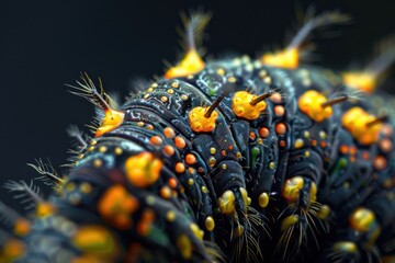 Poster - A close-up of a vibrant caterpillar resting on a leafy branch during a sunny day in a lush garden