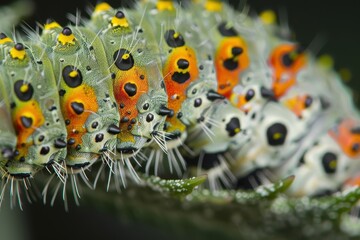 Poster - A close-up of a vibrant caterpillar resting on a leafy branch during a sunny day in a lush garden