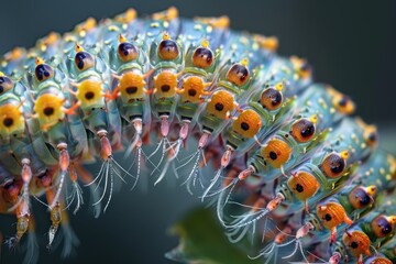 Poster - A close-up of a vibrant caterpillar resting on a leafy branch during a sunny day in a lush garden