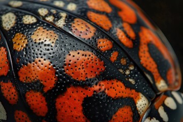 Poster - Close-up view of a vibrant and colorful tortoise shell showcasing intricate patterns and textures in a natural setting, highlighting the beauty of wildlife