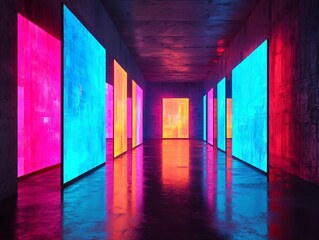 Poster - Vibrant corridor illuminated by colorful neon lights, creating an energetic and modern atmosphere for artistic expression.