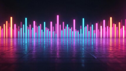Poster - Vibrant neon bars create a dynamic audio visualization effect against a reflective surface, radiating energy and modernity.