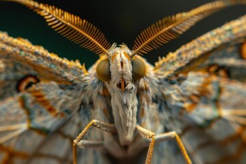 Aufkleber - Close-up view of a moth's intricate head structure, showcasing its large eyes and unique antennae in stunning detail against a dark background during daylight